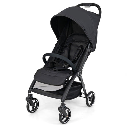 One-handed folding stroller with adjustable backrest and canopy, travel buggy, black