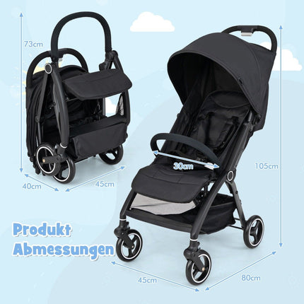 One-handed folding stroller with adjustable backrest and canopy, travel buggy, black