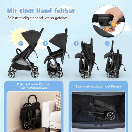 One-handed folding stroller with adjustable backrest and canopy, travel buggy, black