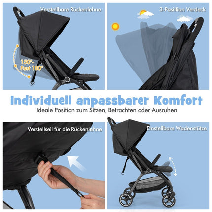 One-handed folding stroller with adjustable backrest and canopy, travel buggy, black