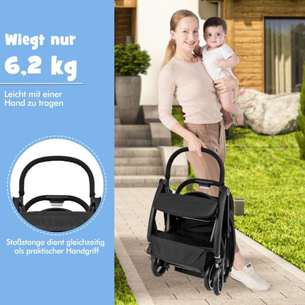 One-handed folding stroller with adjustable backrest and canopy, travel buggy, black