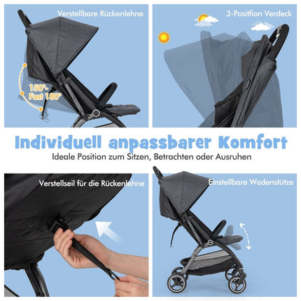 Einhändig faltbarer Kinderwagen mit verstellbarer Rückenlehne und Verdeck, Reisebuggy, grau