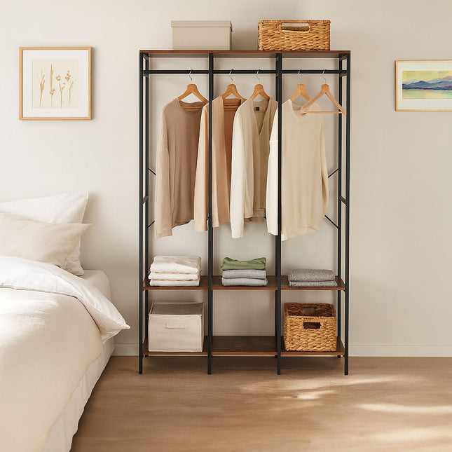 Open Wardrobe with Rails & Shelves – Iron Frame, Wood Panels