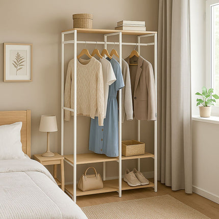Offener Kleiderschrank mit Stangen & Regalen – Eisenrahmen, Holzplatten