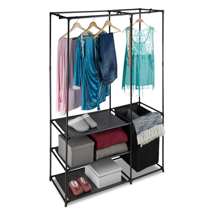 Open wardrobe with laundry basket