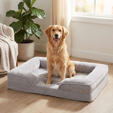 Orthopaedic Memory Foam Dog Bed Size L with Bolster, 89 x 63 cm, Grey