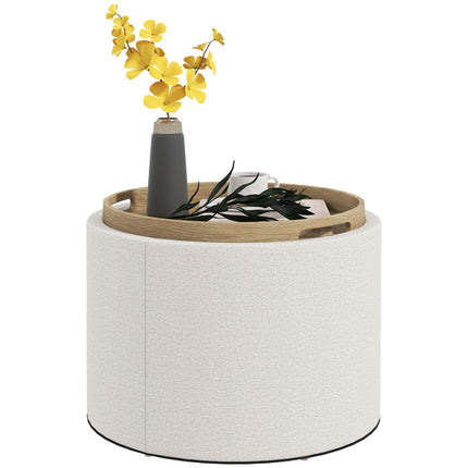 Runder Pouf mit Stauraum, Leinenoptik, Cremefarben
