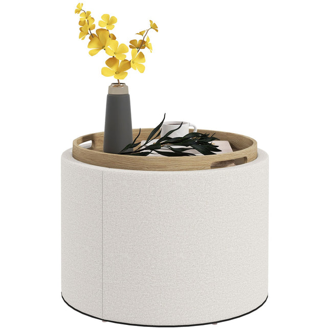 Runder Pouf mit Stauraum, Leinenoptik, Cremefarben