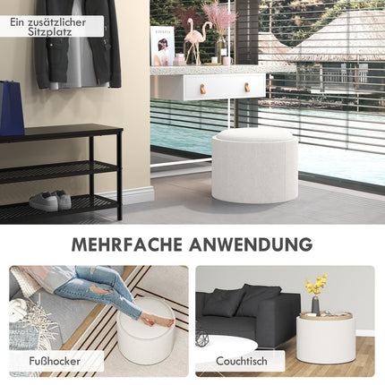 Runder Pouf mit Stauraum, Leinenoptik, Cremefarben