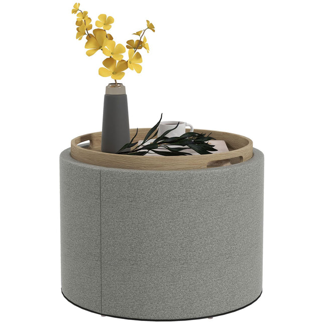 Runder Polsterhocker mit Stauraum, graues Leinen – Ø56 x 42 cm