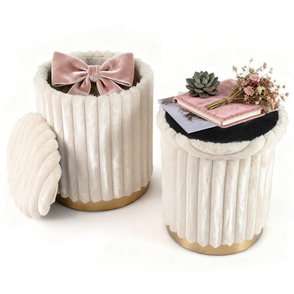 Ottoman Set with Storage, Faux Fur, Beige, 2-Piece