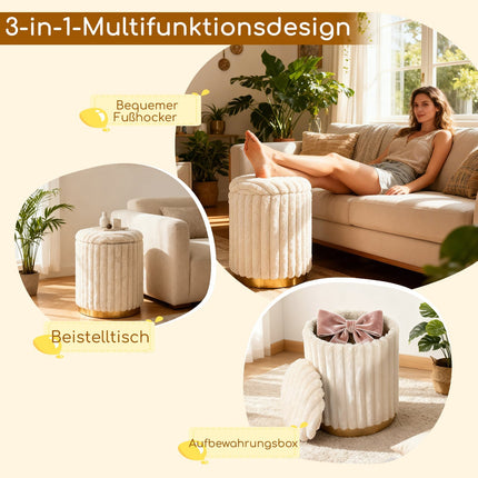 Ottoman Set with Storage, Faux Fur, Beige, 2-Piece