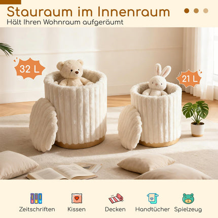 Ottoman Set with Storage, Faux Fur, Beige, 2-Piece