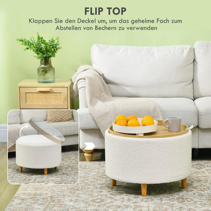 Runder Pouf-Hocker mit Stauraum, Klappdeckel, weiß