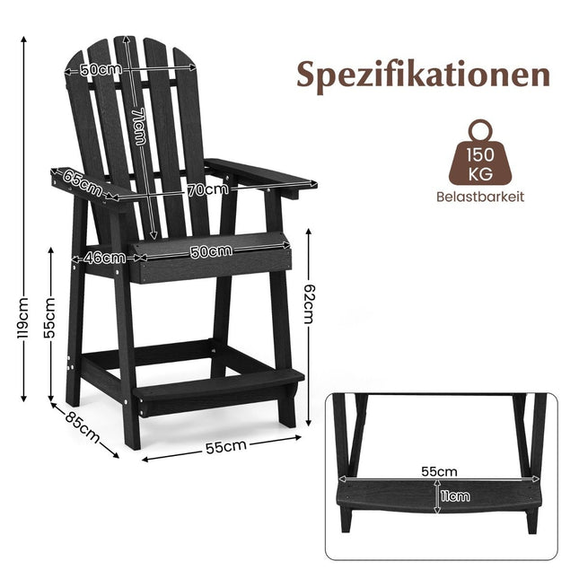 Barhocker für den Außenbereich mit Armlehne und Fußstütze, HDPE-Terrassenstuhl, wetterfest, Pub-Hocker, Schwarz