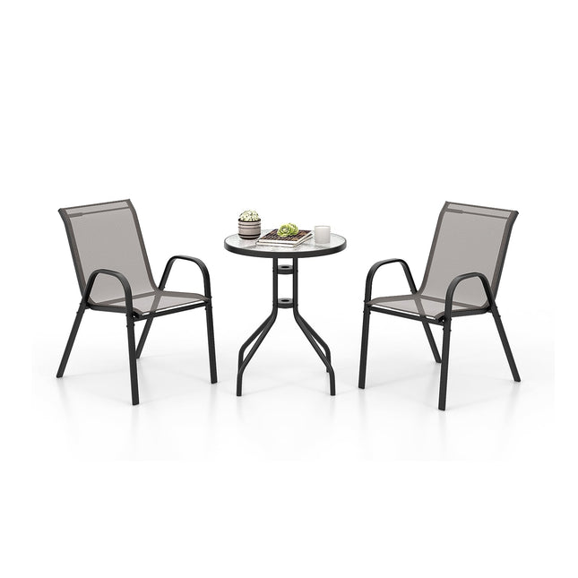 Bistro-Set für Draußen – 2 stapelbare Stühle, runder Tisch, Grau