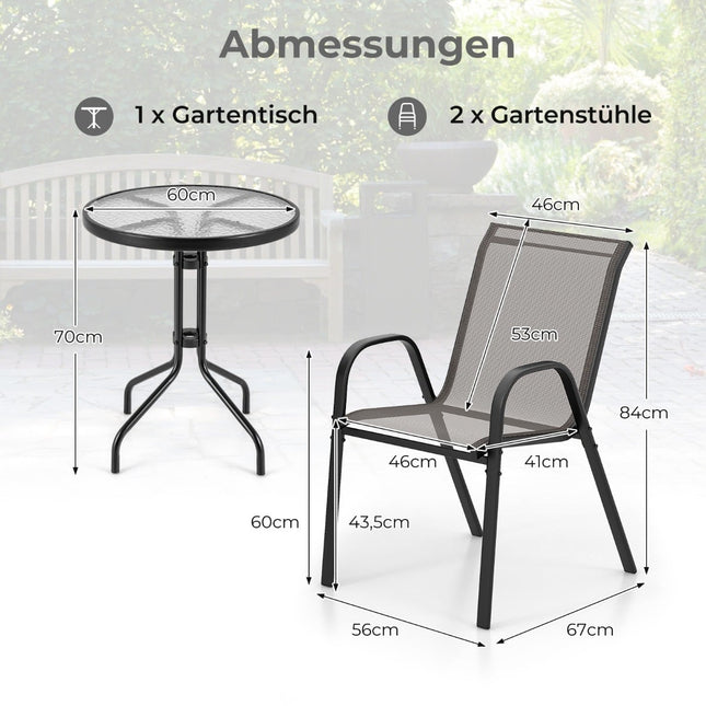 Bistro-Set für Draußen – 2 stapelbare Stühle, runder Tisch, Grau