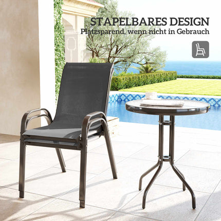 Venkovní bistro set – 3dílný, stohovatelné židle, skleněný stůl