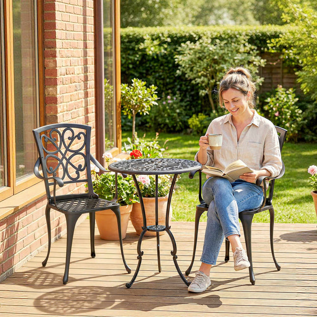 Bistro-Set für den Außenbereich, Aluminiumguss, Tisch und 2 Stühle, Schwarz