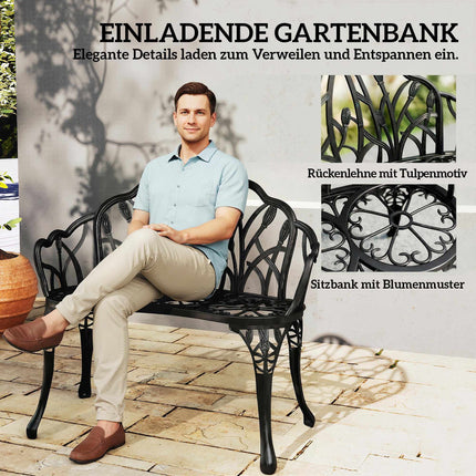 Gartenbank aus Aluminiumguss für den Außenbereich, Schwarz, 2-Sitzer