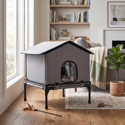 Outdoor Cat House, Foldable & Elevated with Cushion, Grey