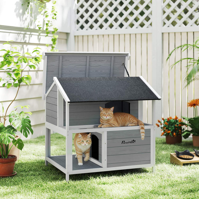 Outdoor Cat House, Waterproof Fir Wood, 2 Levels, 80x93x95 cm