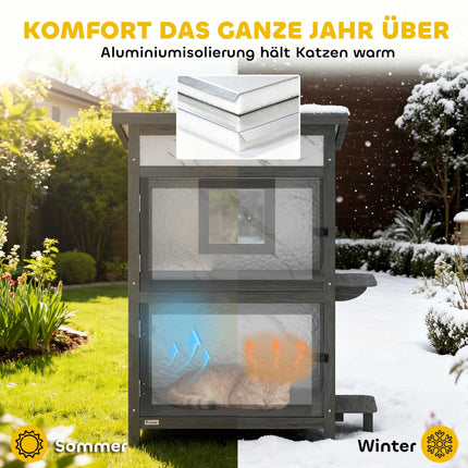 Outdoor-Katzenhaus, wasserdichter Holzunterschlupf, mehrere Eingänge