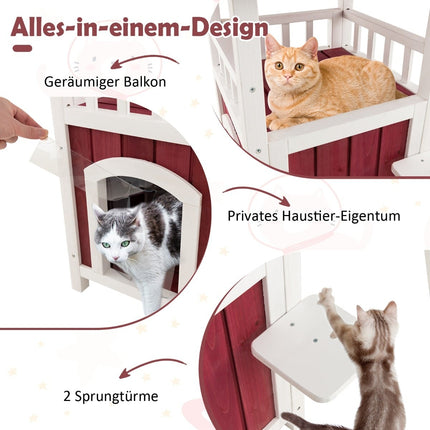 Outdoor-Katzenhaus mit Balkon, Bitumendach, PVC-Vorhang