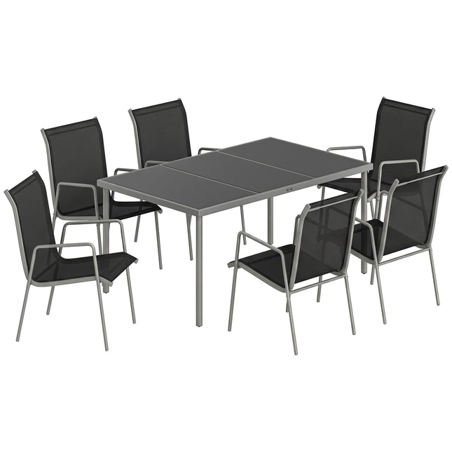 Gartengarnitur, 7-teilig, Glastisch & stapelbare Stühle
