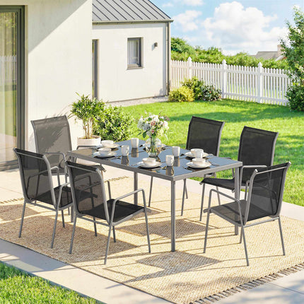 Gartengarnitur, 7-teilig, Glastisch & stapelbare Stühle