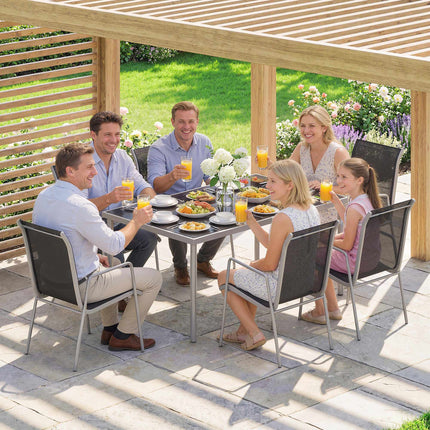 Gartengarnitur, 7-teilig, Glastisch & stapelbare Stühle
