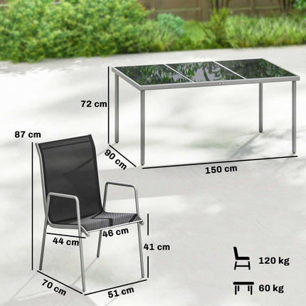 Gartengarnitur, 7-teilig, Glastisch & stapelbare Stühle