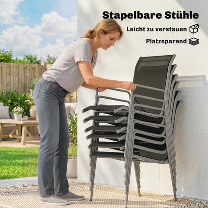 Gartengarnitur, 7-teilig, Glastisch & stapelbare Stühle