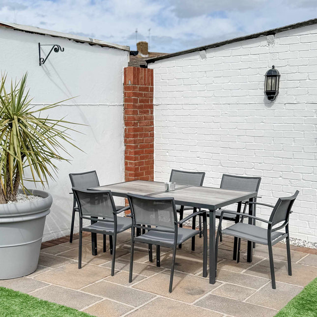 Gartenset mit Tisch und 6 stapelbaren Stühlen, Grau