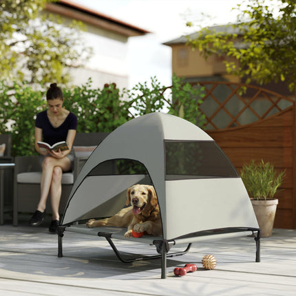 Outdoor hondenligstoel met dak, verhoogd hondenbed voor grote honden, koelende huisdierligstoel met wasbare draagtas van gaas metalen frame, huisdierbed voor buiten kamperen 91x76x90cm, lichtgrijs | Aosoom
