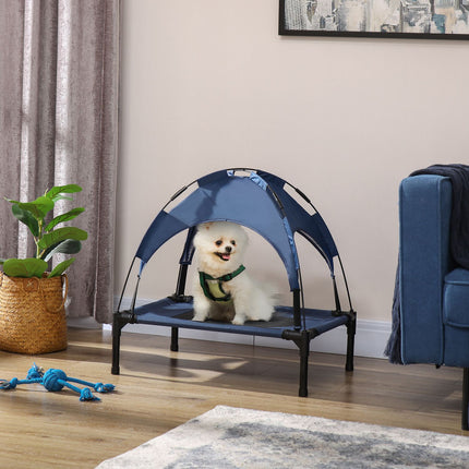 Panier surélevé d'extérieur pour chien avec auvent et protection UV, tissu taffetas respirant, bleu foncé, 61 x 46 x 62 cm