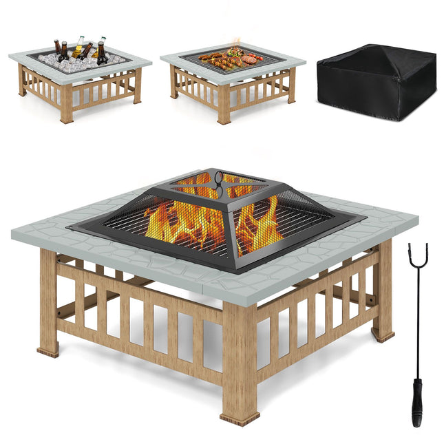 Feuerschale für Draußen, Grillrost, Funkenschutz, Schürhaken, Grau