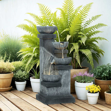 Vierstufiger Harz-Gartenbrunnen mit LED, Steinoptik