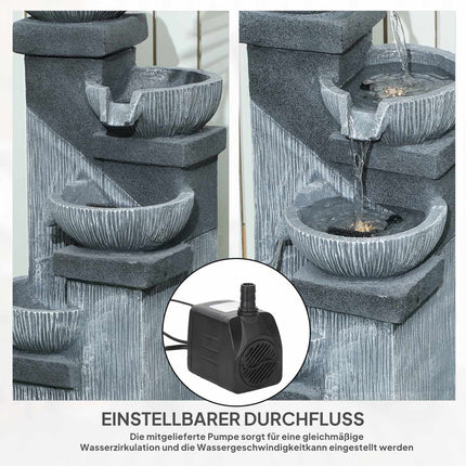 Vierstufiger Harz-Gartenbrunnen mit LED, Steinoptik