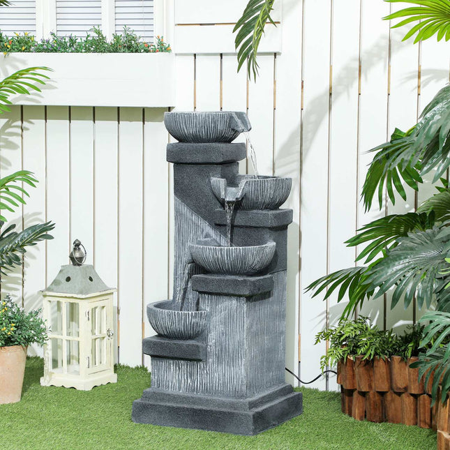 Vierstufiger Harz-Gartenbrunnen mit LED, Steinoptik