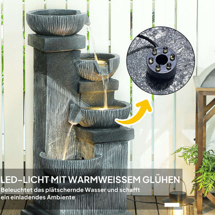Vierstufiger Harz-Gartenbrunnen mit LED, Steinoptik