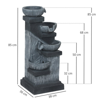 Vierstufiger Harz-Gartenbrunnen mit LED, Steinoptik