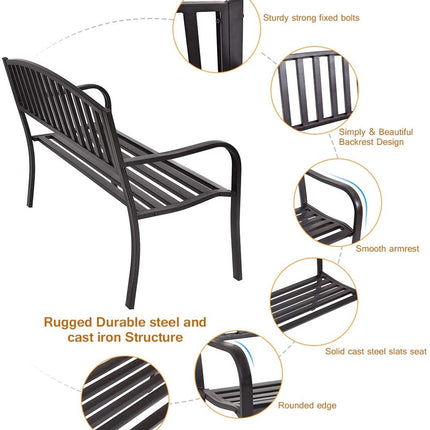 Outdoor Garden Bench, 50 Inch Steel Frame, Black