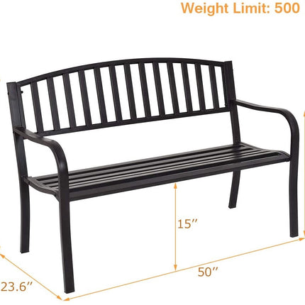 Outdoor Garden Bench, 50 Inch Steel Frame, Black