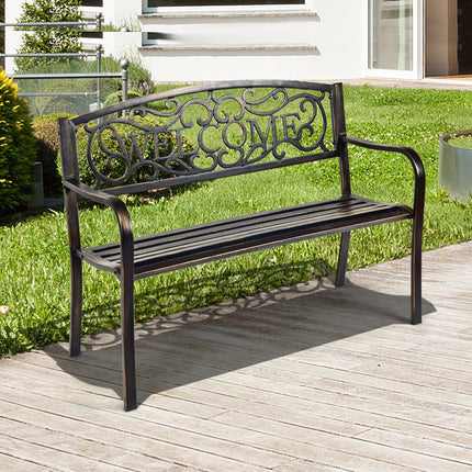 Outdoor Garden Bench, Steel Frame, Bronze, 50 Inch