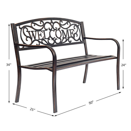 Outdoor Garden Bench, Steel Frame, Bronze, 50 Inch