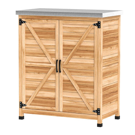 Gartenschrank für draußen mit Regal & Werkbank, Holz & Stahl
