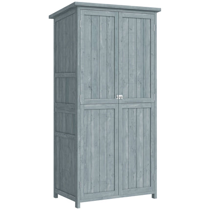 Gartenschrank aus Holz mit Ablagen und Haken, Grau