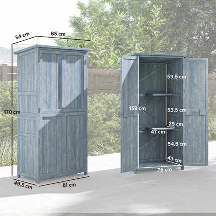Gartenschrank aus Holz mit Ablagen und Haken, Grau