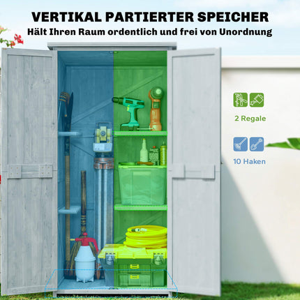 Gartenschrank aus Holz mit Ablagen und Haken, Grau